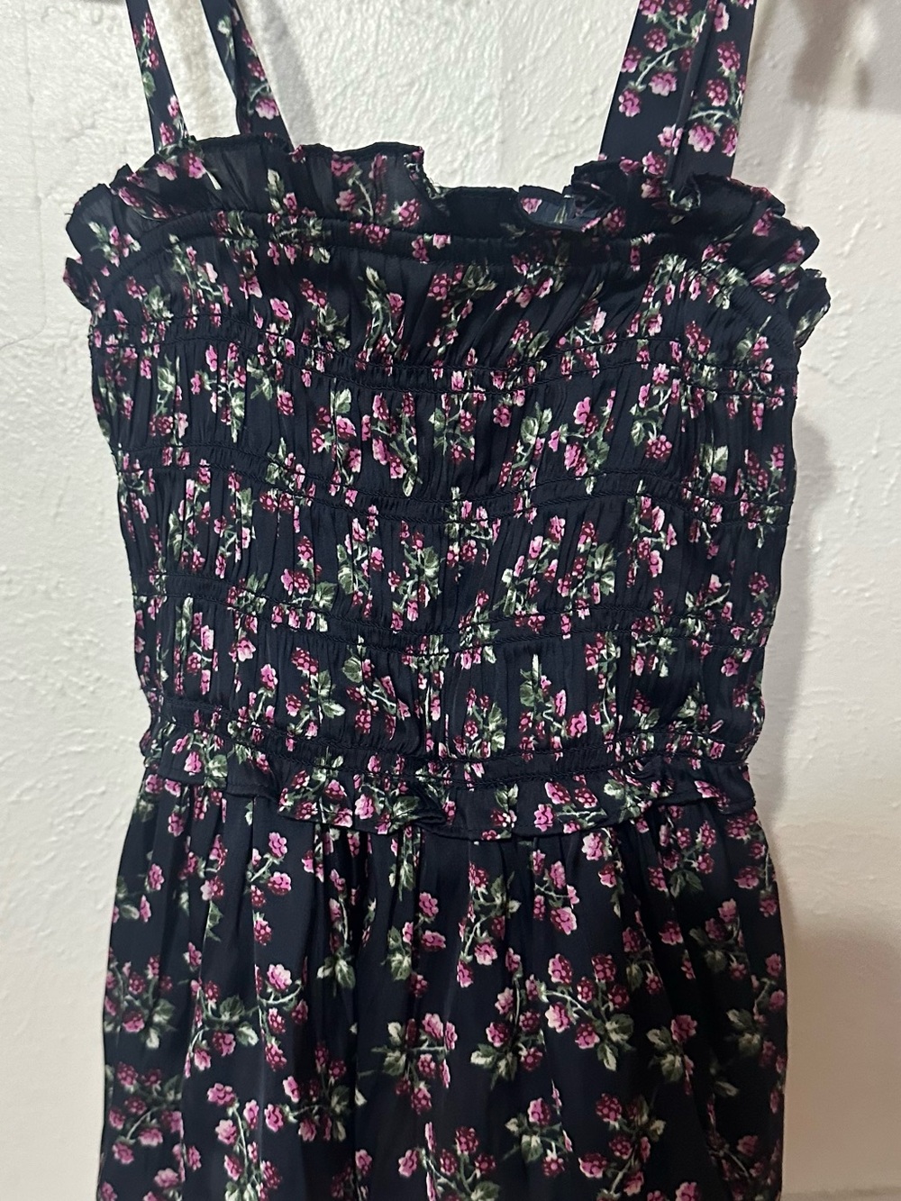 J. Crew Navy Floral Smocked Top with Pink Blossoms